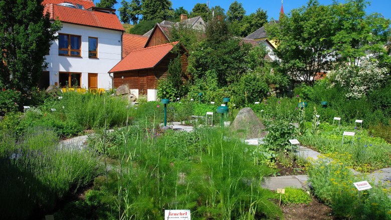 Kr&auml;utergarten mit Schildern und Geb&auml;uden im Hintergrund.
