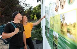 Ein Paar betrachtet eine Informationstafel im Naturpark Dobersberg. 